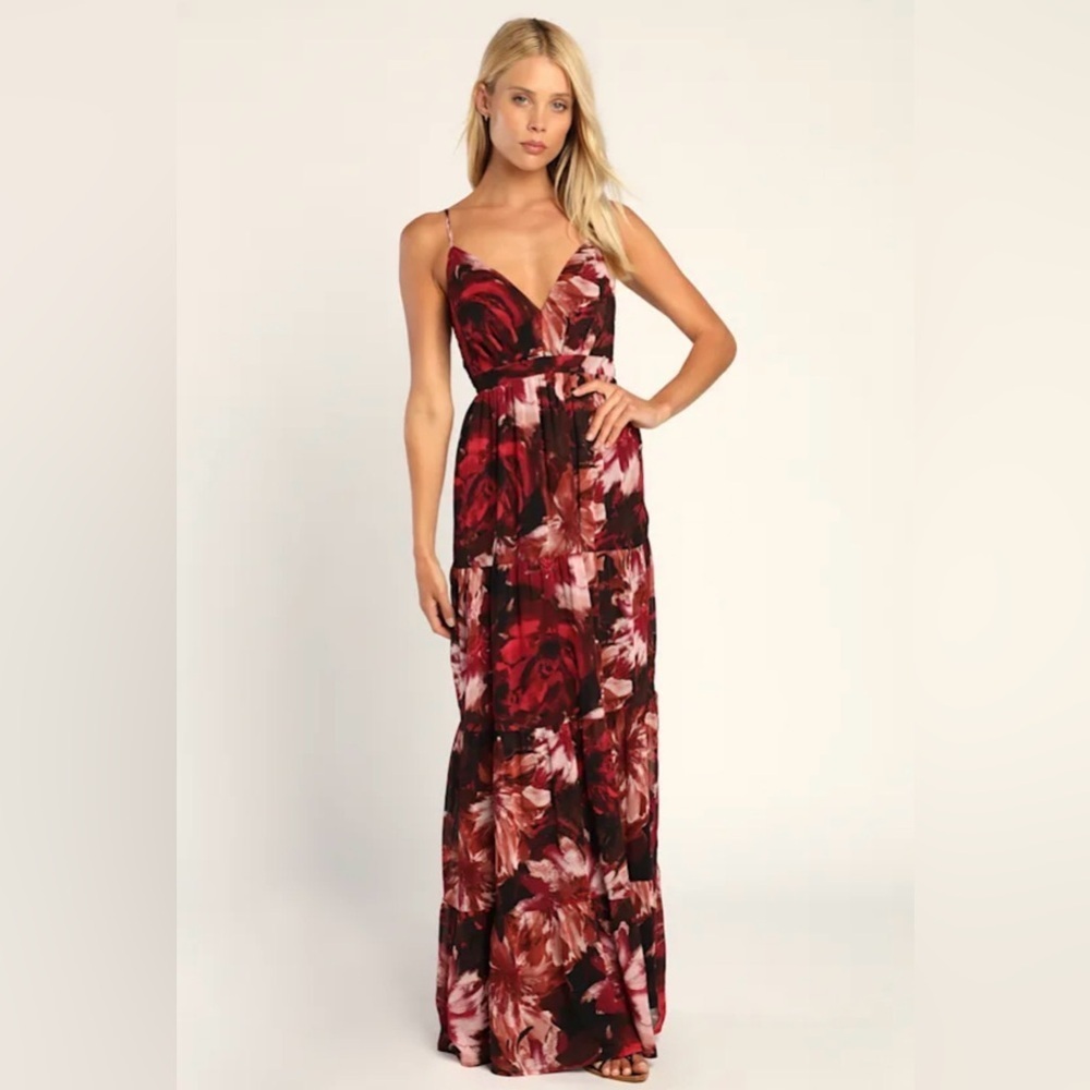 Gorgeous Blooms Burgundy Floral Print Tiered Maxi Dress ❤️ Size Small - Picture 4 of 7